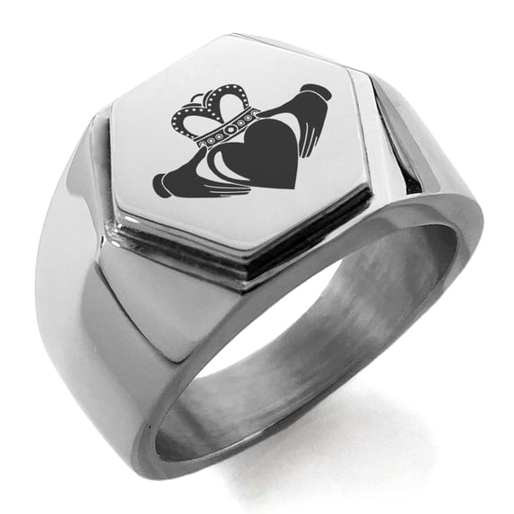Stainless Steel Celtic Claddagh Unity Engraved Hexagon Crest Flat Top Biker Style Polished Ring
