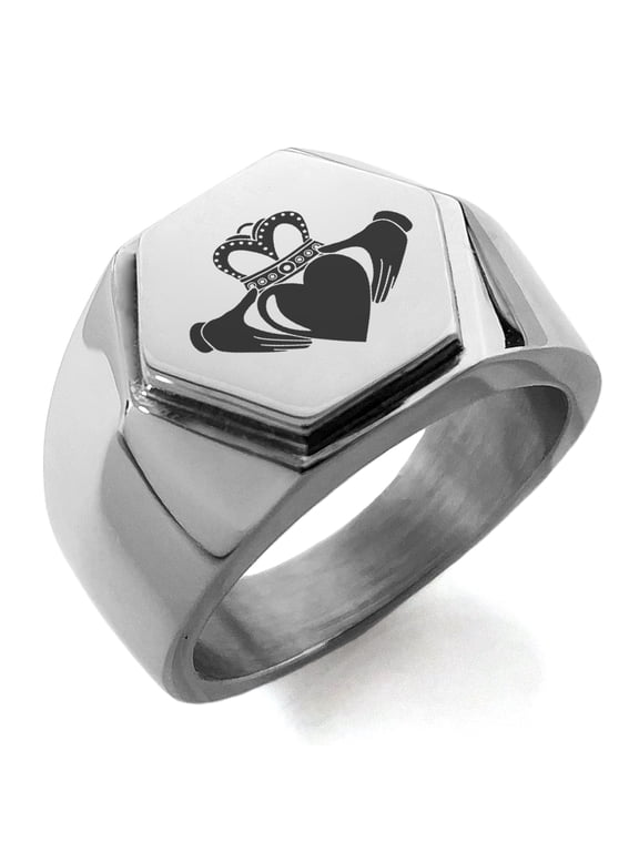 Stainless Steel Celtic Claddagh Unity Engraved Hexagon Crest Flat Top Biker Style Polished Ring