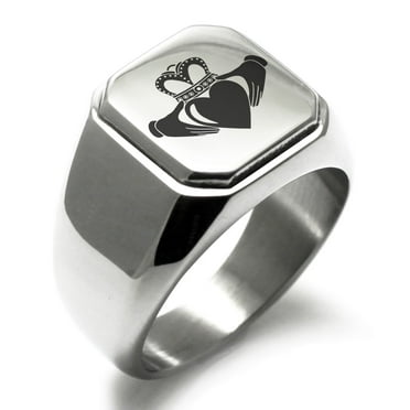 Stainless Steel Celtic Claddagh Unity Engraved Square Flat Top Biker Style Polished Signet Ring
