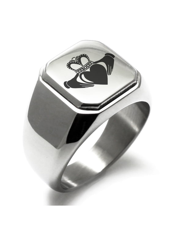 Stainless Steel Celtic Claddagh Unity Engraved Square Flat Top Biker Style Polished Signet Ring