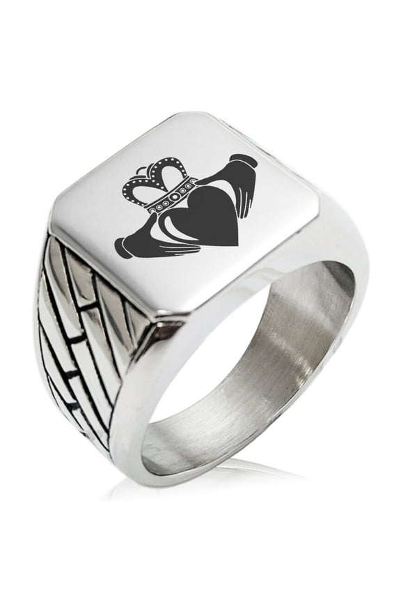 Stainless Steel Celtic Claddagh Unity Geometric Pattern Biker Style Polished Ring