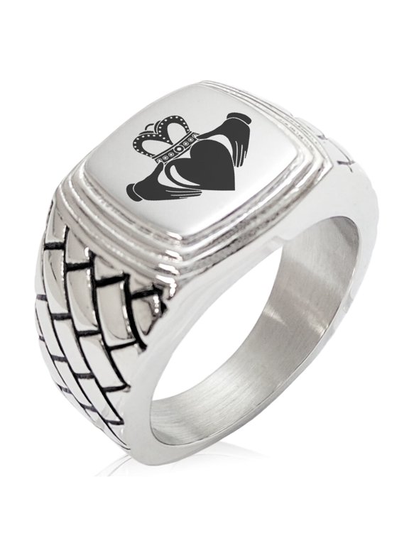 Stainless Steel Celtic Claddagh Unity Geometric Pattern Step-Down Biker Style Polished Ring