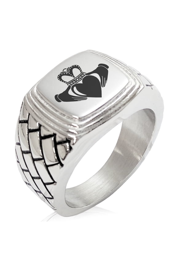 Stainless Steel Celtic Claddagh Unity Geometric Pattern Step-Down Biker Style Polished Ring