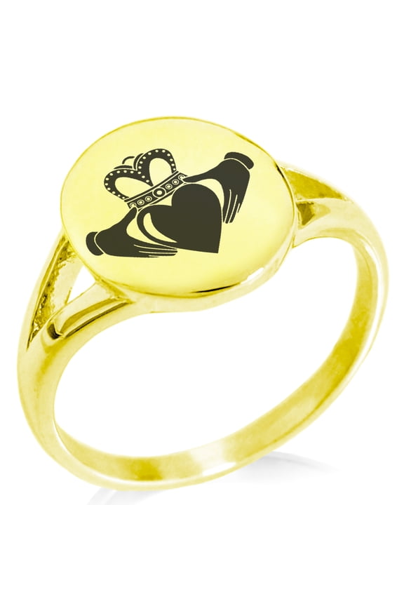 Stainless Steel Celtic Claddagh Unity Minimalist Oval Top Polished Statement Signet Ring