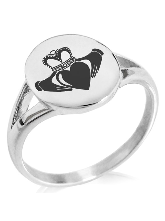 Stainless Steel Celtic Claddagh Unity Minimalist Oval Top Polished Statement Signet Ring