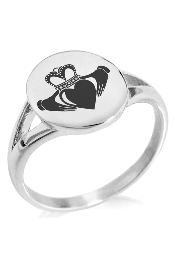 Stainless Steel Celtic Claddagh Unity Minimalist Oval Top Polished Statement Signet Ring