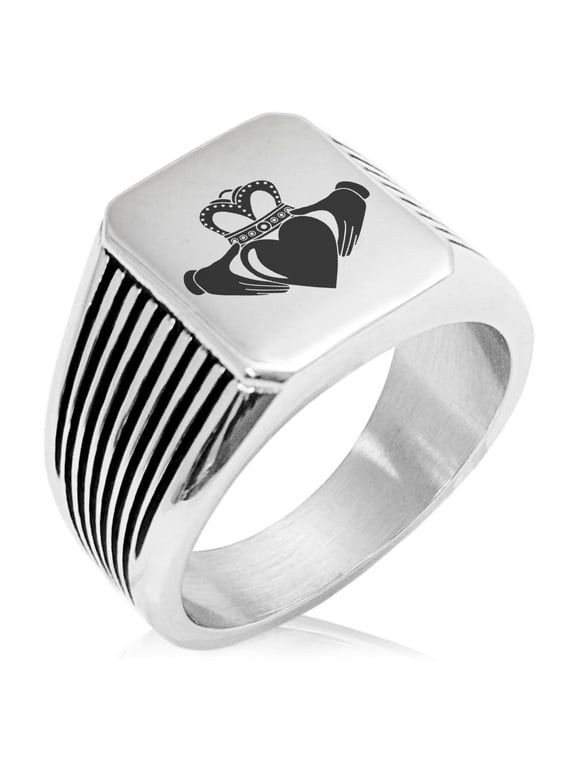Stainless Steel Celtic Claddagh Unity Needle Stripe Pattern Biker Style Polished Ring
