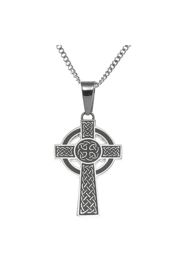 Stainless Steel Celtic Cross Pendant Necklace with Intricate Knot Design and Nimbus