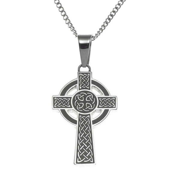 Stainless Steel Celtic Cross Pendant Necklace with Intricate Knot Design and Nimbus