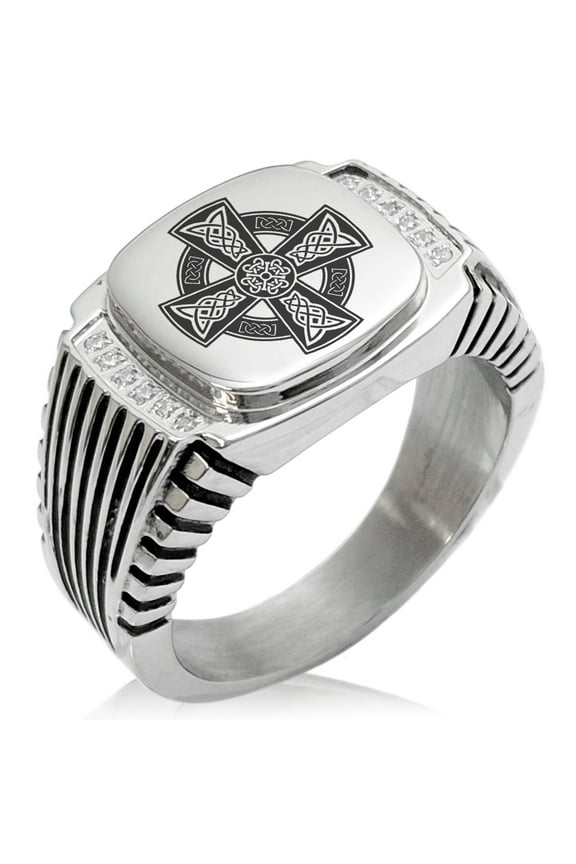 Stainless Steel Celtic Cross Rune Knot CZ Ribbed Needle Stripe Pattern Biker Style Polished Ring