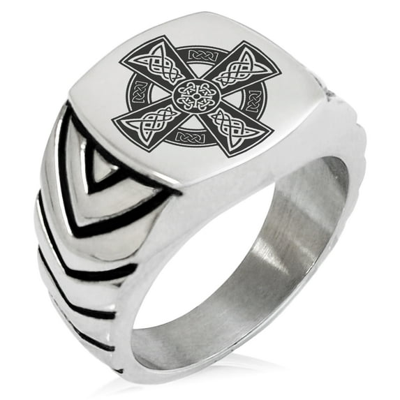 Stainless Steel Celtic Cross Rune Knot Chevron Pattern Biker Style Polished Ring