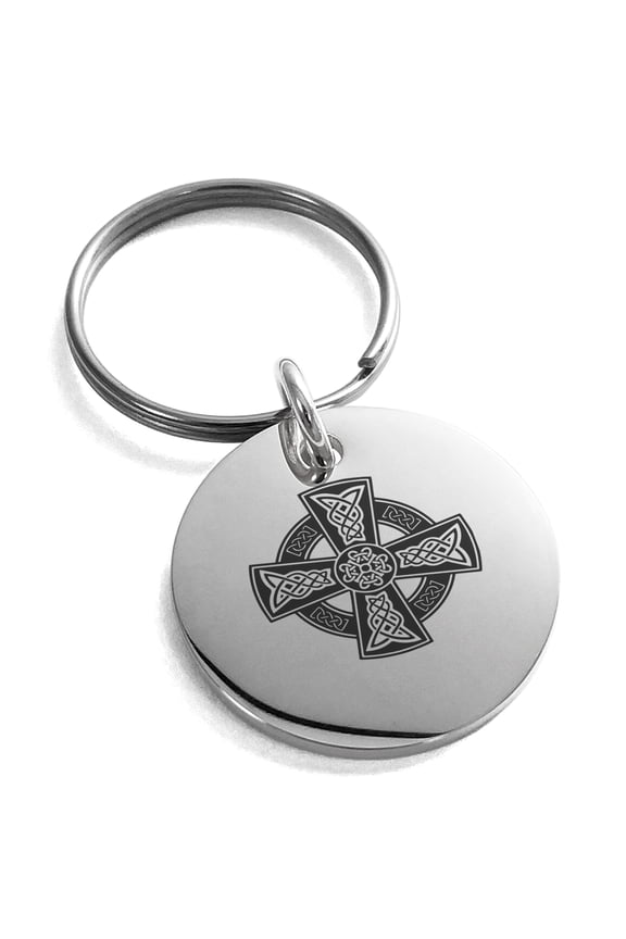 Stainless Steel Celtic Cross Rune Knot Engraved Small Medallion Circle Charm Keychain Keyring