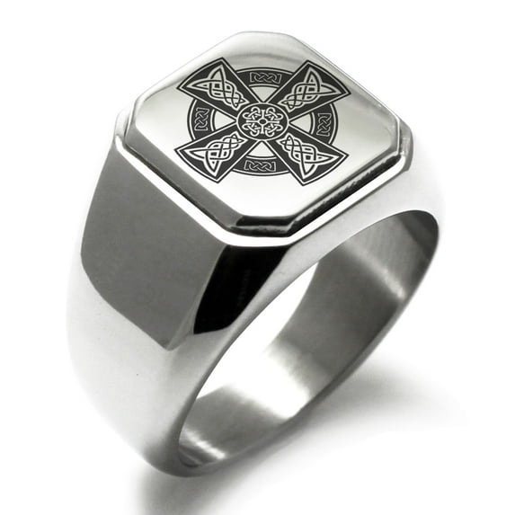 Stainless Steel Celtic Cross Rune Knot Engraved Square Flat Top Biker Style Polished Signet Ring