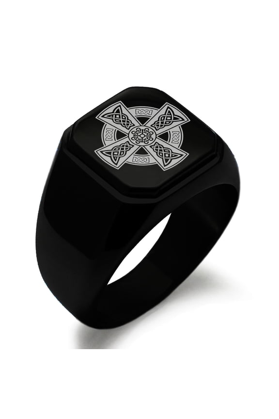 Stainless Steel Celtic Cross Rune Knot Engraved Square Flat Top Biker Style Polished Signet Ring