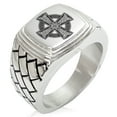 thumbnail image 1 of Stainless Steel Celtic Cross Rune Knot Geometric Pattern Step-Down Biker Style Polished Ring, 1 of 1