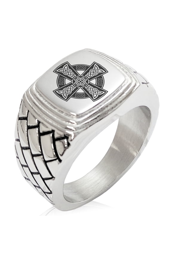 Stainless Steel Celtic Cross Rune Knot Geometric Pattern Step-Down Biker Style Polished Ring