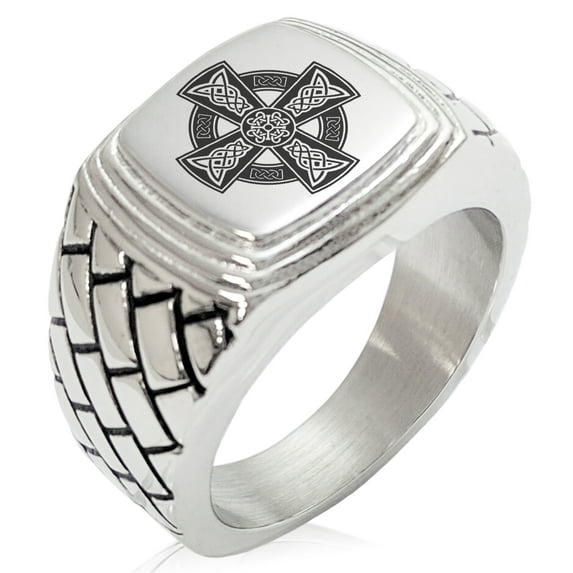 Stainless Steel Celtic Cross Rune Knot Geometric Pattern Step-Down Biker Style Polished Ring
