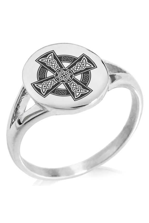 Stainless Steel Celtic Cross Rune Knot Minimalist Oval Top Polished Statement Signet Ring