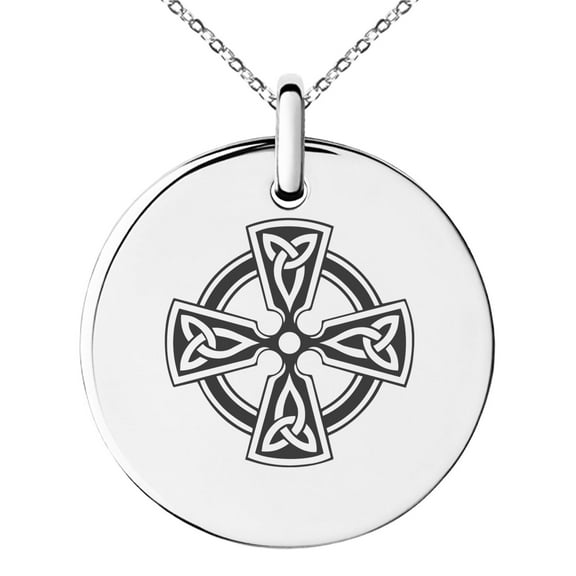 Stainless Steel Celtic Cross Triquetra Knot Engraved Small Medallion Circle Charm Pendant Necklace