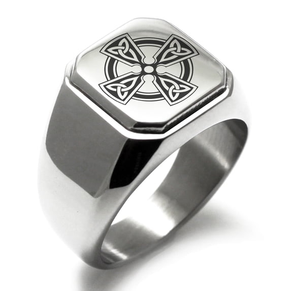 Tioneer Stainless Steel Celtic Cross Triquetra Knot Engraved Square Flat Top Biker Style Polished Signet Ring