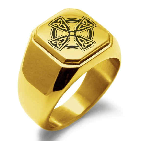 Stainless Steel Celtic Cross Triquetra Knot Engraved Square Flat Top Biker Style Polished Signet Ring