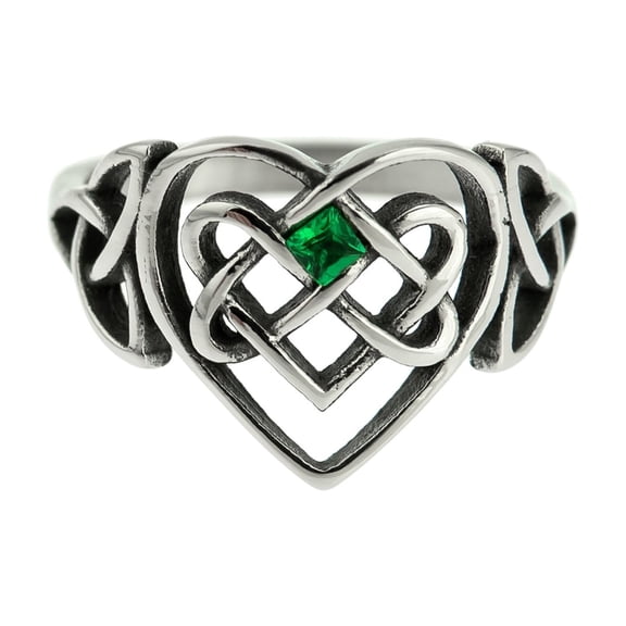 Stainless Steel Celtic Infinity Heart Signet Ring with Emerald Stone size 10