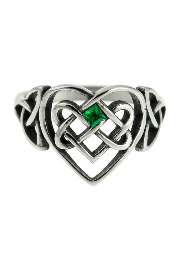 Stainless Steel Celtic Infinity Heart Signet Ring with Emerald Stone size 8