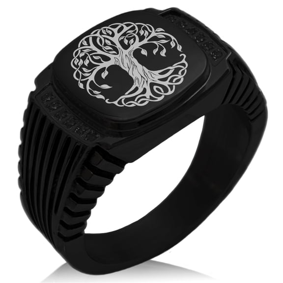 Tioneer Stainless Steel Celtic Knot Tree of Life CZ Ribbed Needle Stripe Pattern Biker Style Polished Ring