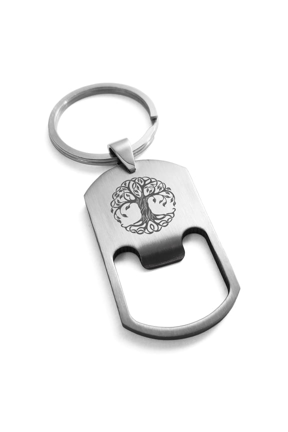 Stainless Steel Celtic Knot Tree of Life Engraved Bottle Opener Dog Tag Keychain Keyring 50mm.