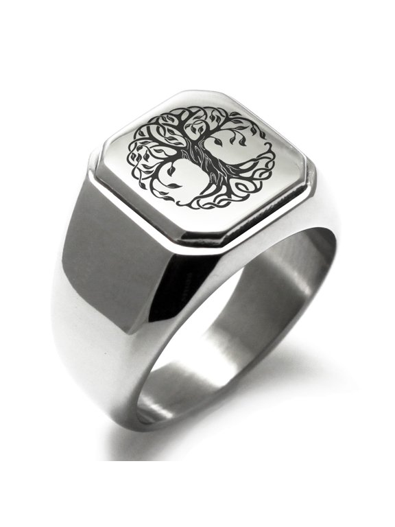 Stainless Steel Celtic Knot Tree of Life Engraved Square Flat Top Biker Style Polished Signet Ring