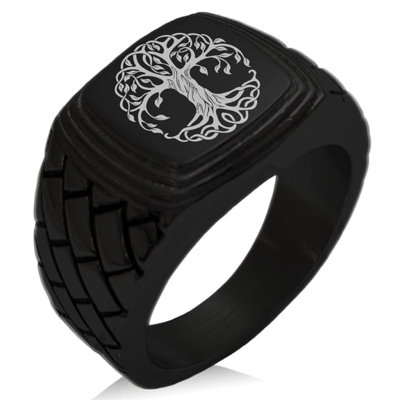 Stainless Steel Celtic Knot Tree of Life Geometric Pattern Step-Down Biker Style Polished Ring