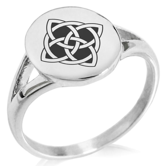 Stainless Steel Celtic Quaternary Cross Knot Minimalist Oval Top Polished Statement Signet Ring