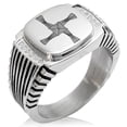 thumbnail image 1 of Tioneer Stainless Steel Celtic Saint Brigid Cross CZ Ribbed Needle Stripe Pattern Biker Style Polished Ring, 1 of 1
