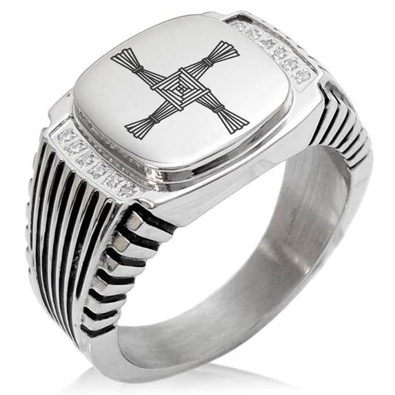 Tioneer Stainless Steel Celtic Saint Brigid Cross CZ Ribbed Needle Stripe Pattern Biker Style Polished Ring