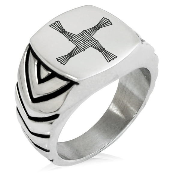 Stainless Steel Celtic Saint Brigid Cross Chevron Pattern Biker Style Polished Ring
