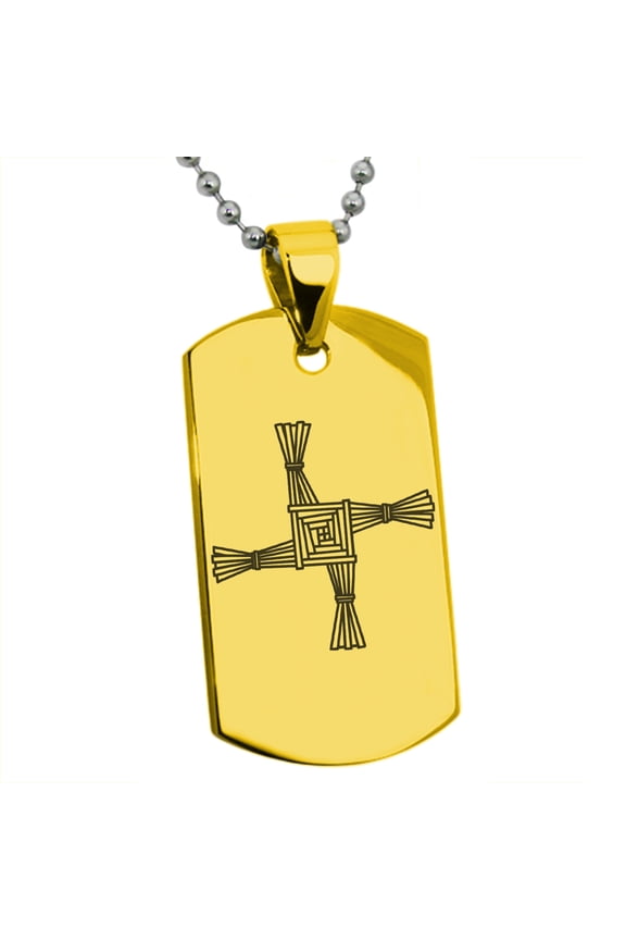 Stainless Steel Celtic Saint Brigid Cross Engraved Dog Tag Pendant Necklace