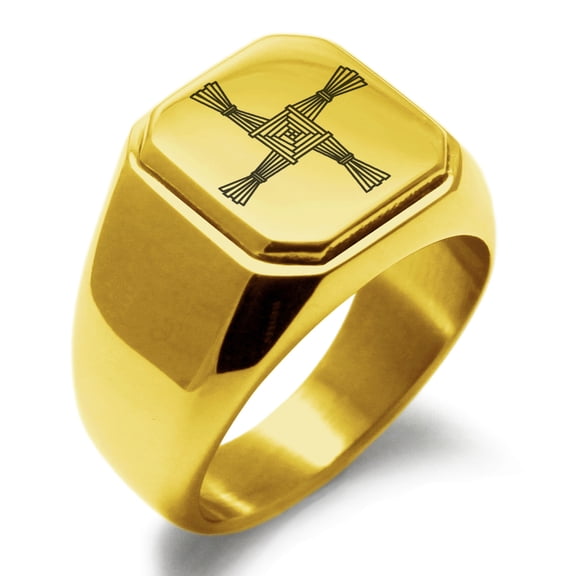 Tioneer Stainless Steel Celtic Saint Brigid Cross Engraved Square Flat Top Biker Style Polished Signet Ring