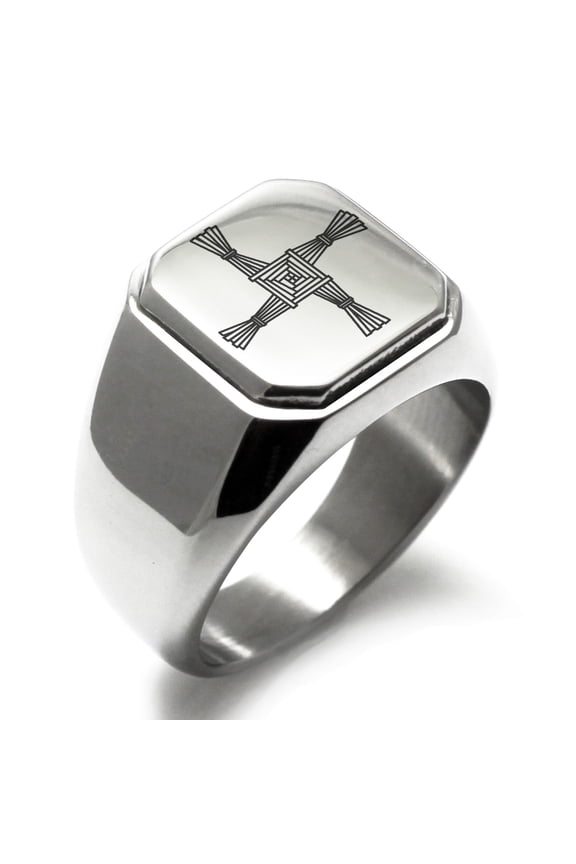 Stainless Steel Celtic Saint Brigid Cross Engraved Square Flat Top Biker Style Polished Signet Ring