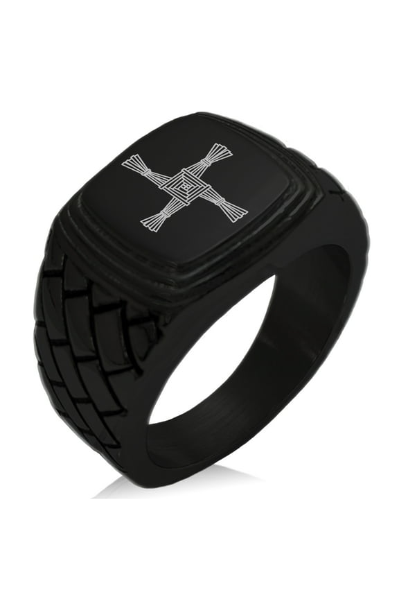 Stainless Steel Celtic Saint Brigid Cross Geometric Pattern Step-Down Biker Style Polished Ring