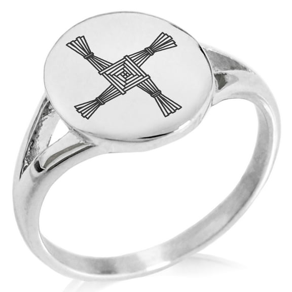 Stainless Steel Celtic Saint Brigid Cross Minimalist Oval Top Polished Statement Signet Ring