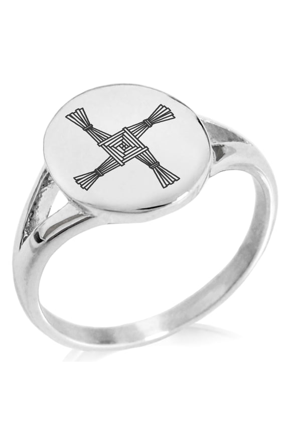 Stainless Steel Celtic Saint Brigid Cross Minimalist Oval Top Polished Statement Signet Ring