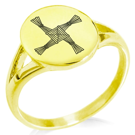 Stainless Steel Celtic Saint Brigid Cross Minimalist Oval Top Polished Statement Signet Ring