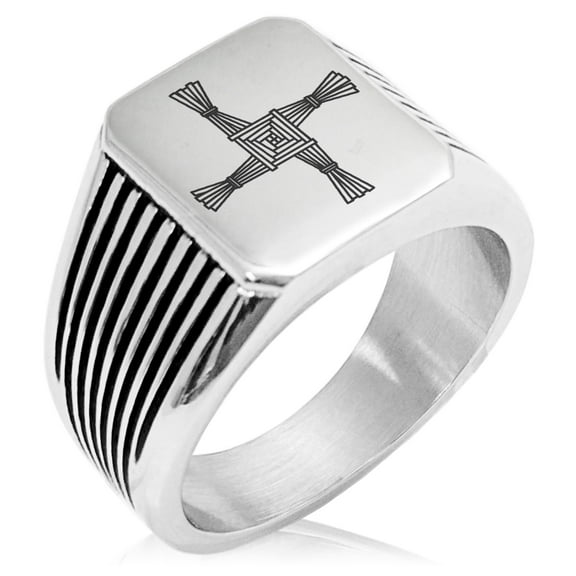Stainless Steel Celtic Saint Brigid Cross Needle Stripe Pattern Biker Style Polished Ring