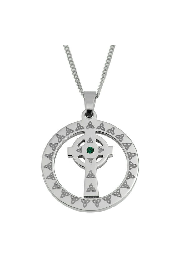 Stainless Steel Celtic Trinity Knot Cross Pendant Necklace with Emerald Crystal Stone
