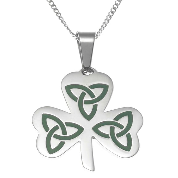 Stainless Steel Celtic Trinity Knot Shamrock Pendant Necklace with Green Enamel