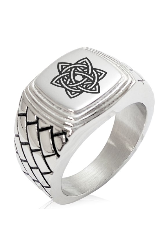 Stainless Steel Celtic Triquetra Eternity Star Knot Geometric Pattern Step-Down Biker Style Polished Ring