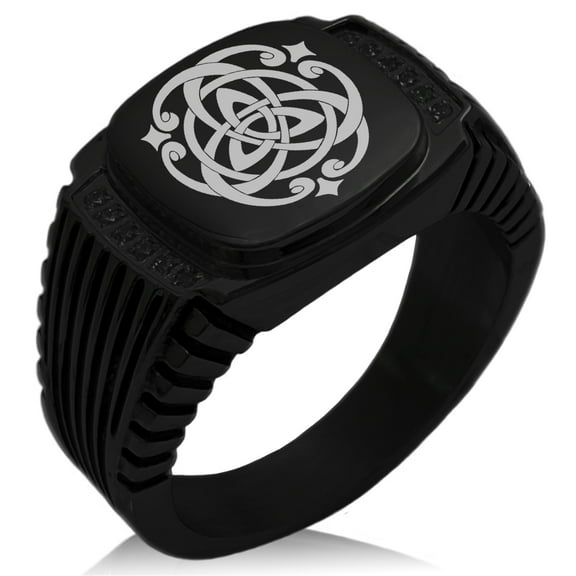 Tioneer Stainless Steel Celtic Triquetra Heart Knot CZ Ribbed Needle Stripe Pattern Biker Style Polished Ring