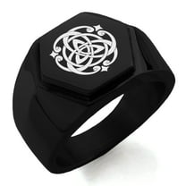 Stainless Steel Celtic Triquetra Heart Knot Engraved Hexagon Crest Flat Top Biker Style Polished Ring