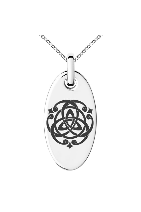 Stainless Steel Celtic Triquetra Heart Knot Engraved Small Oval Charm Pendant Necklace