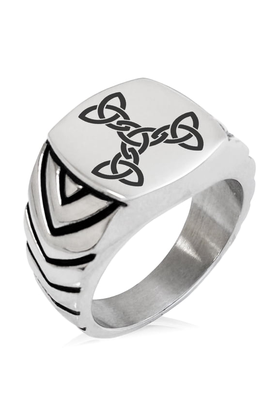 Stainless Steel Celtic Triquetra Interlaced Knot Chevron Pattern Biker Style Polished Ring